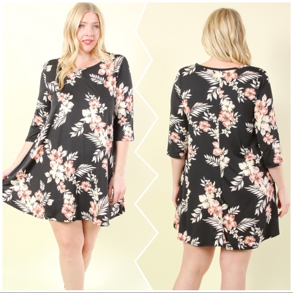 3/4 Sleeve Floral Print Plus Sleeve Dress